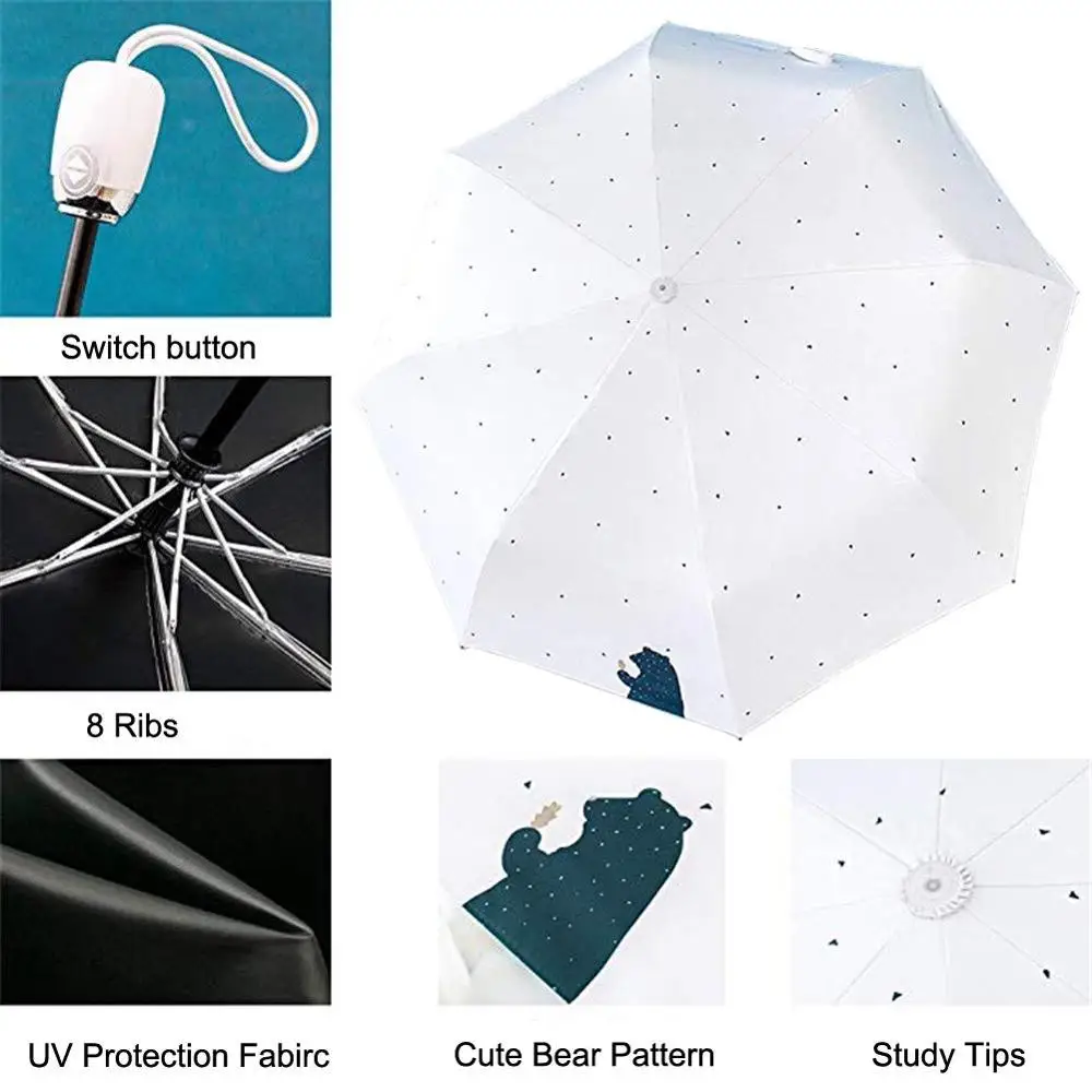 Полностью автоматический женский зонт от дождя с милым медведем, три складных зонта с защитой от ультрафиолета, водонепроницаемый прочный карманный зонтик, детский подарок