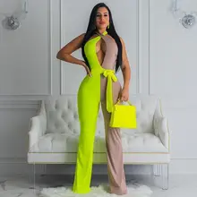 Лоскутный неоновый женский сексуальный клубный комбинезон, Летний комбинезон с открытой спиной, вечерние Широкие штаны, комбинезон, Комбинезоны