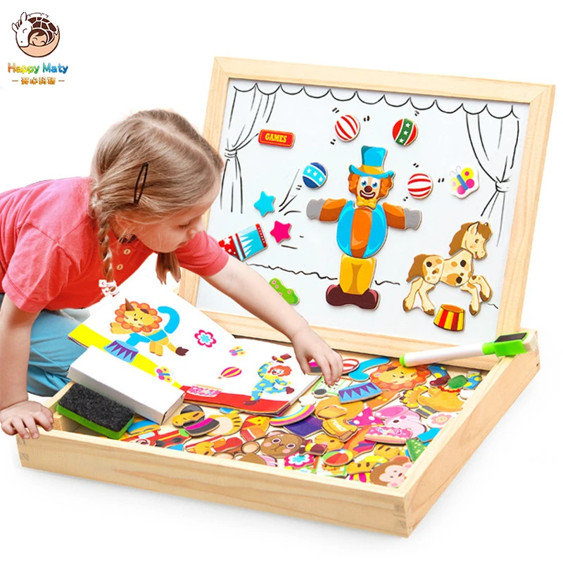 

Wooden Magnetic Puzzle Figure/Animals/ Vehicle /Circus Drawing Board 5 Styles Box Educational Toy Gift