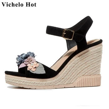 

Vichelo Hot kid suede peep toe super high heels straw wedges flower princess style beauty lady buckle strap sandals women L07