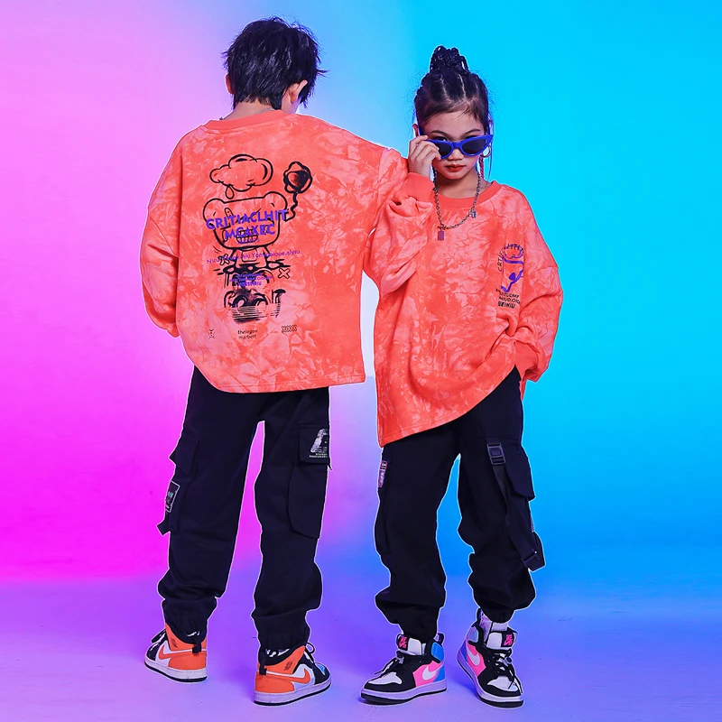 

Hip Hop Kids Dance Clothes Loose Sweater Black Cargo Pants Boys Street Dance Jazz Costume Girls Concert Show Stage Outfit BL7284