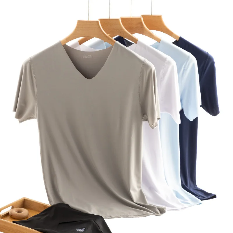 Men's Silk Vneck Tshirt Seamless Ice Silk Men Silk Tops Tees