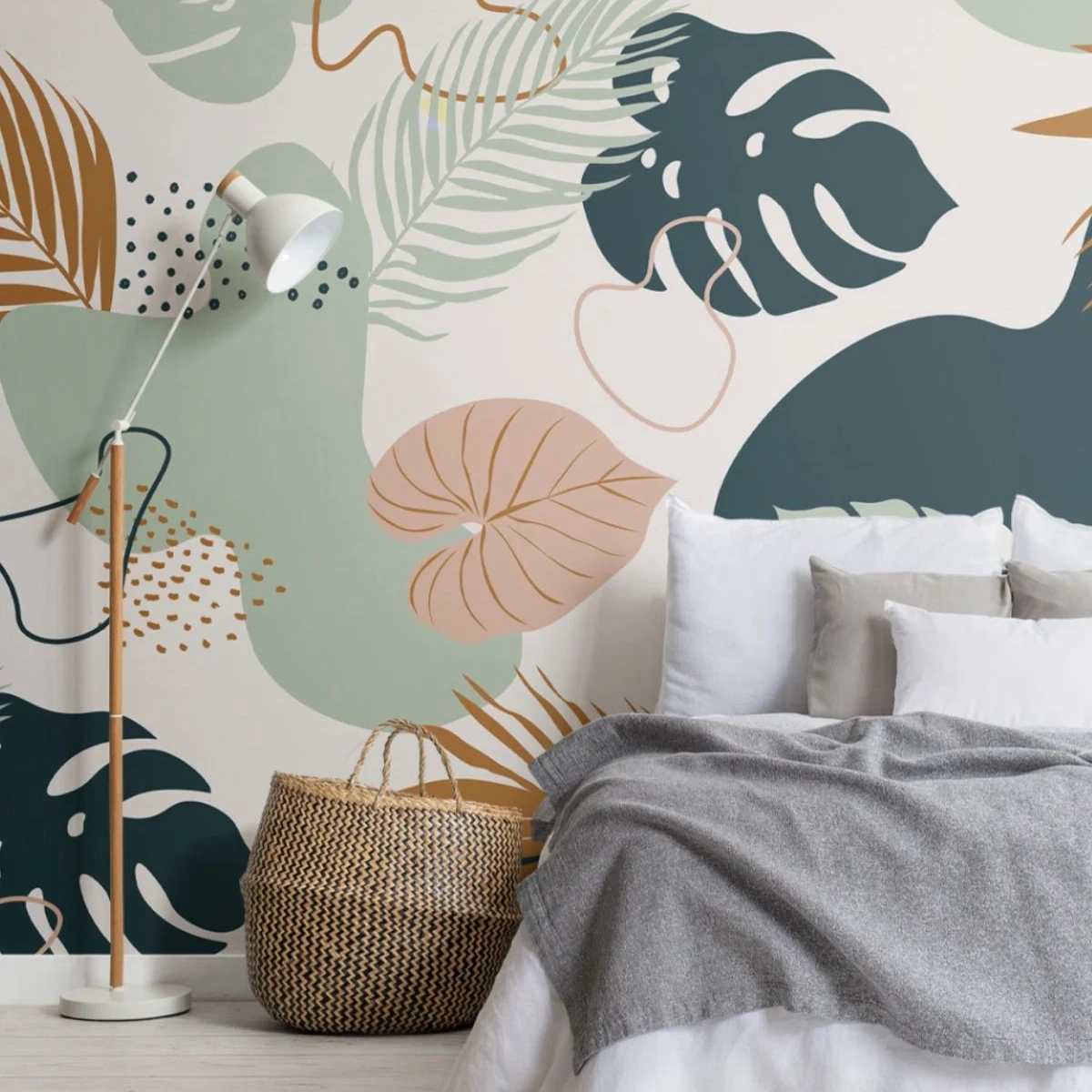 Verde e Neutro Tropical Folha Wallpaper Colagem Padrão Mural Moderno Wp79252832