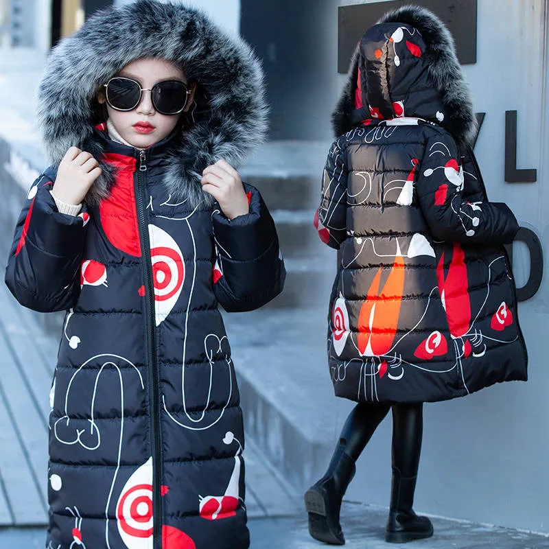 Детские куртки для девочек; зимнее пальто; Новое Модное детское Стеганое пальто с капюшоном и меховым воротником; зимняя плотная теплая уличная одежда; куртка-парка - Цвет: Black