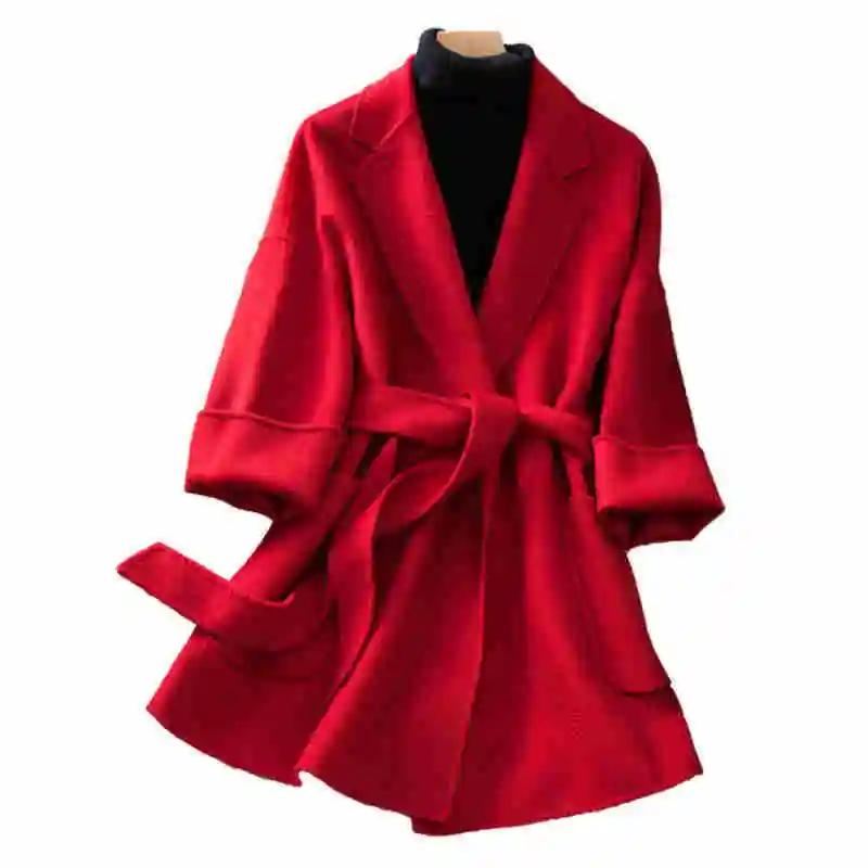 

100% Wool 2020 New spring beige wool coat for women water ripple slim double faced woolen coat women's woolen coat belt cashmere