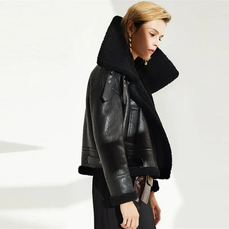 Зимняя женская куртка из натуральной овечьей кожи, короткая мотоциклетная куртка, зимняя кожаная куртка для женщин, тонкое теплое женское меховое пальто