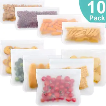 

10Pcs PEVA Silicone Food Storage Bag Containers Reusable Freezer Bag Leakproof Top Ziplock Bags Kitchen Organizer Pouch