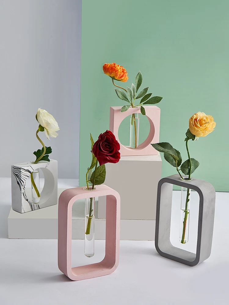 

Nordic Creative Hydroponic Test Tube Vase Cement Decoration Glass Transparent Living Room Flower Arrangement Table Decoration