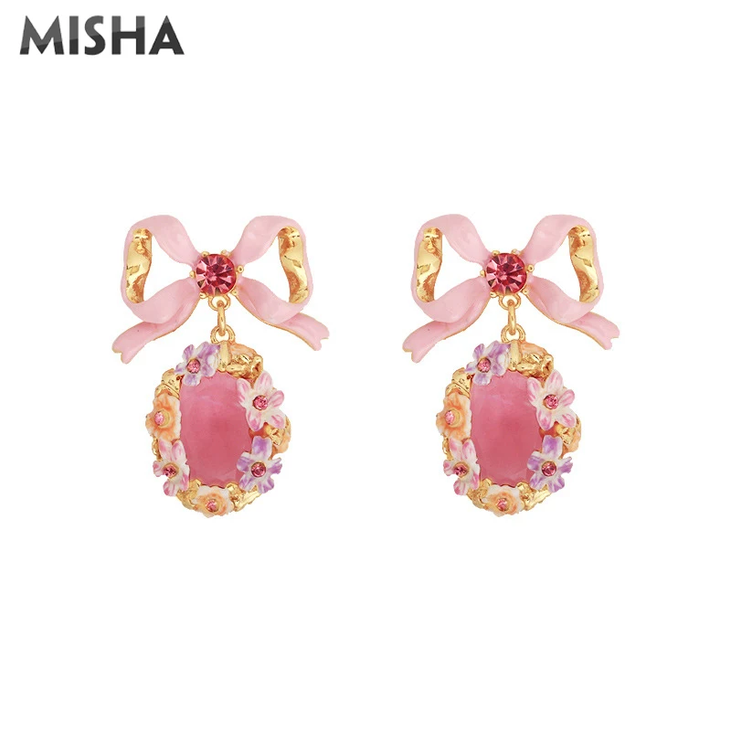 

MISHA Earrings For Women Handmade Enamel Glaze Simulation Gems Cute Bow Shape Earrings For Girls Ladies Birthday Gift