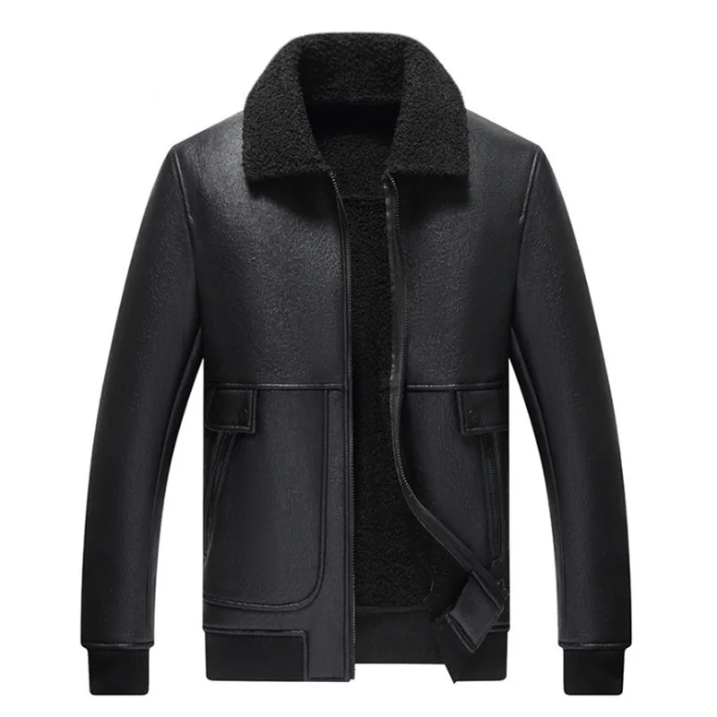 

Autumn Winter Leather Jacket Men New Business Casual Faux Lamb Fur Leather Jacket Men Loose Warm Coat chaqueta cuero hombre