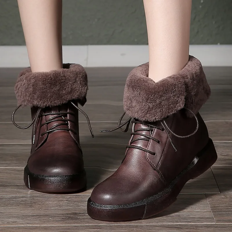 

Women Leather Boots Ankle Winter Low Heels Warm Shoes Women Snow Boots Handmade Genuine Leather Martin Boots Women Brand Shoes
