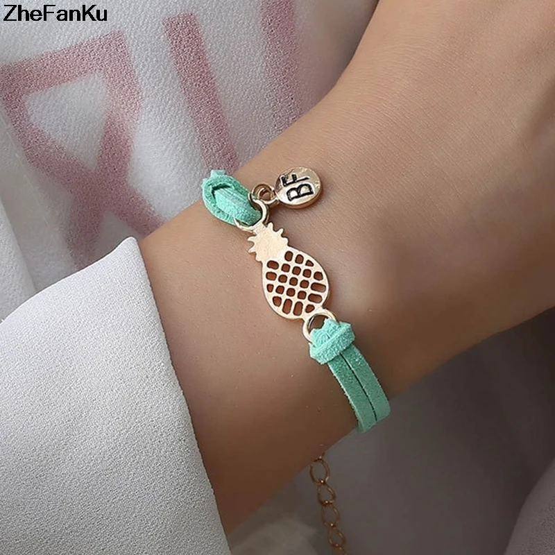 Simple Gold Pineapple Letter BF Round Pendant Double Leather Velvet Rope Bracelets For Women Drop Shipping