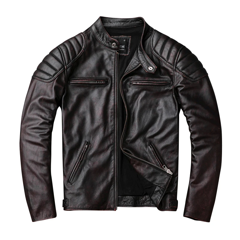 Gratis Verzending, Merk Vintage Echt Lederen Jas. heren Bruin Motor Biker Koeienhuid Jas. slanke Plus Size Jassen. uitloper Verkoop