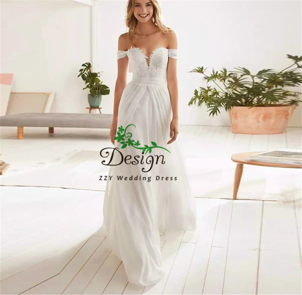 

Sexy Beach Wedding Dresses Off The Shoulder Sweetheart Neckline Empire Sweep Train Appliques Pleat Custom-Made Bridal Wedding