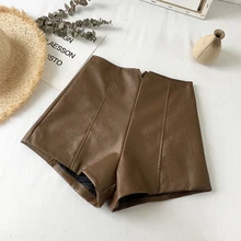 Шорты из искусственной кожи на молнии, женские модные повседневные шорты с высокой талией, Женские однотонные винтажные прямые шорты, женские сексуальные шикарные Новые