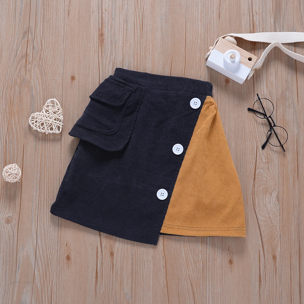 

Casual 2-tone Patchwork Short Skirt Little Girls Assorted Colors Dress with Button and Pocket Fall and Winter