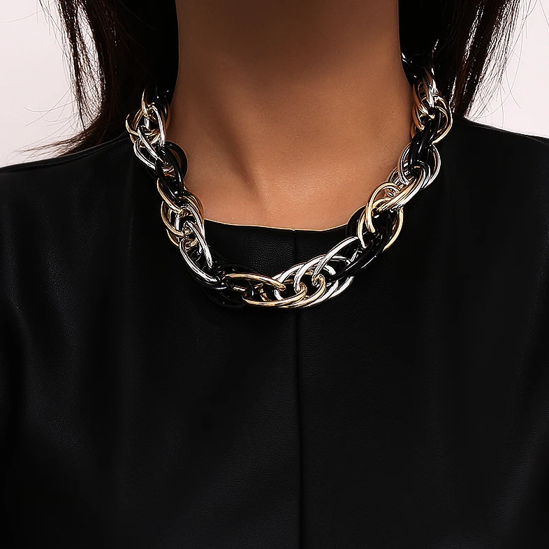 

New Punk Hip Hop Curb Cuban Twisted Choker Necklace Vintage Mix Black Color Chunky Thick Collar Necklace for Women Men Jewelry