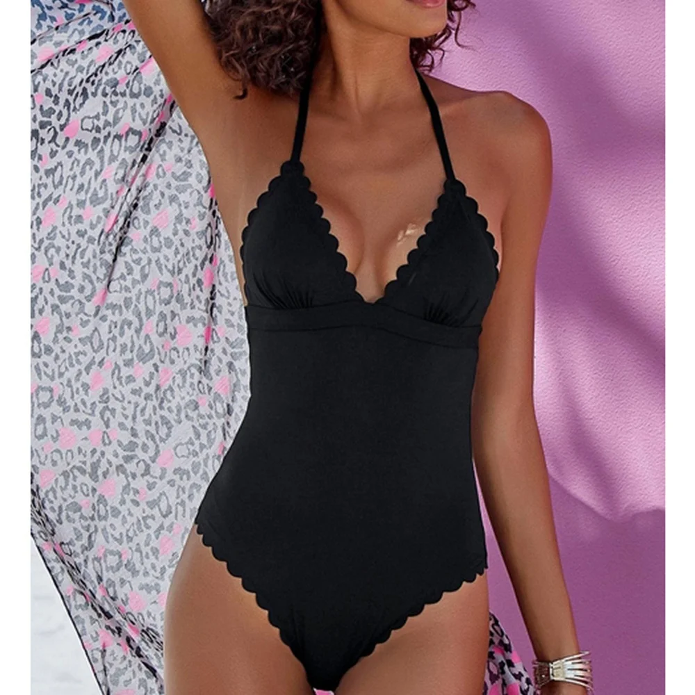 

2020 Sexy One Piece Swimsuit Female Solid Black Women Swimwear Halter Push Up Bathing Suits Bodysuits Beach wear Ruffle Monokini