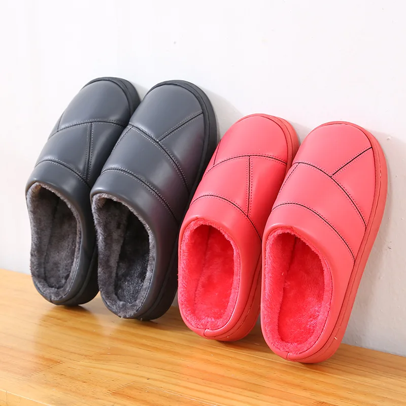 

2019 Leather Slipper Men's Winter Couples Indoor Anti-slip Cotton Slippers Women's PU Leather Waterproof Thick Bottomed Slipper