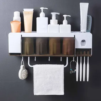 

A Set Of Toothbrush Holder Multifunction Useful Toothbrush Holder Toothpaste Dispenser Multifunction Bathroom Storage Rack