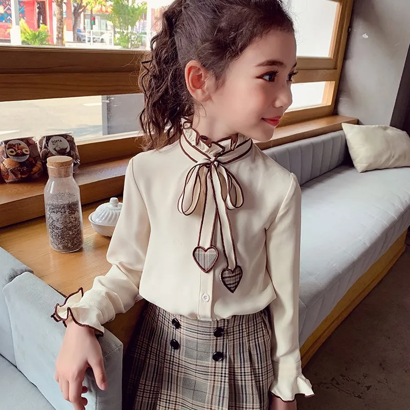 Spring Baby Girls Blouses Kids Bowknot Collar Cotton Shirt Teen Girls Long Sleeve Tops Teenager Blouse 4 5 6 7 8 9 10 14Years