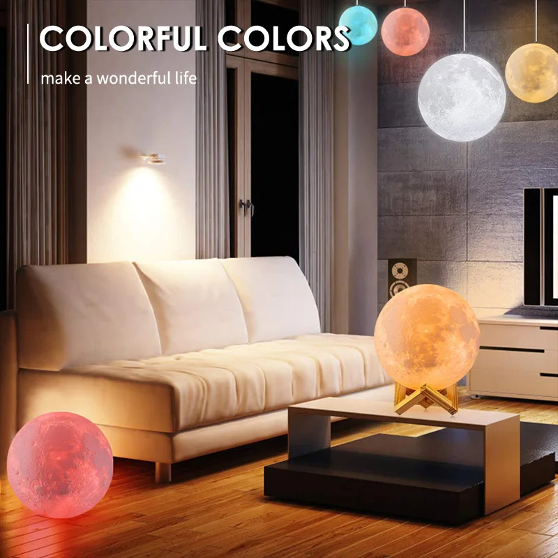 16 Colors Moon Lamp 3D Printing LED Night Light with Stand USB Rechargeable for Home Bedroom Decoration | Освещение
