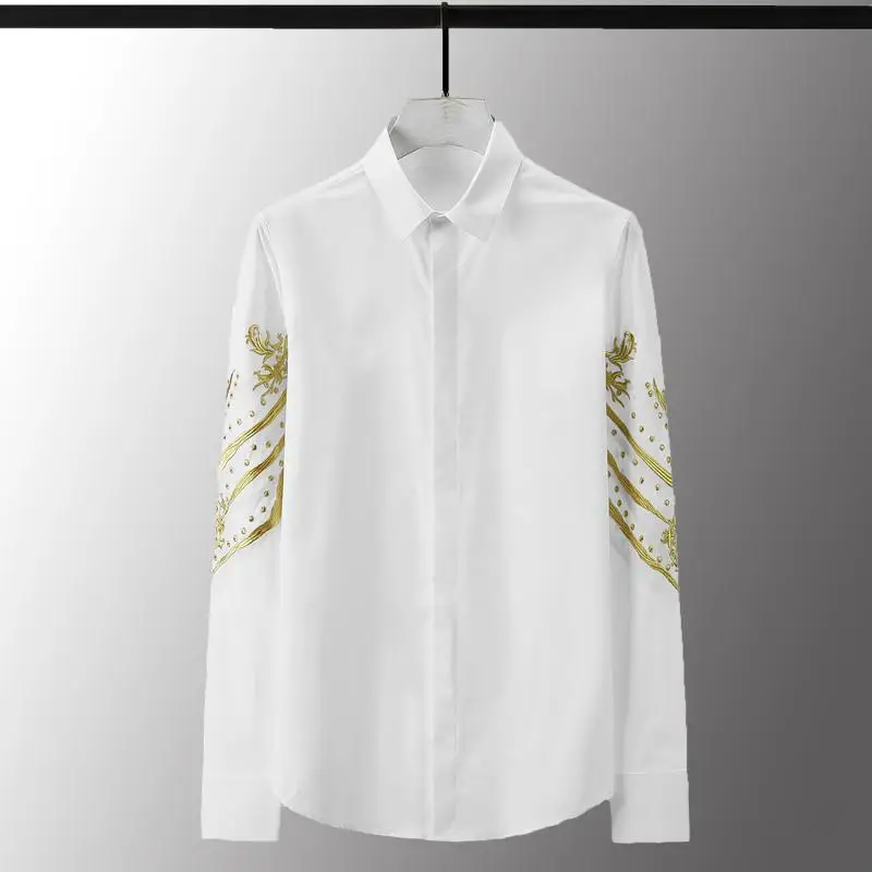 Minglu Gold Embroidery Mens Shirts Luxury Solid Solor Long Sleeve Mens Dress Shirts Plus Size 4xl Fashion Slim Fit Male Shirts - Цвет: WHITE
