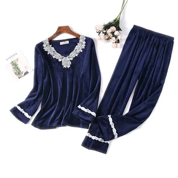 

Velour Nightwear Soft Home Clothes Sexy Lady Autumn Velvet Pajamas Long Sleeve Shirt&Pants Causal Pyjamas Set Intimate Nightgown