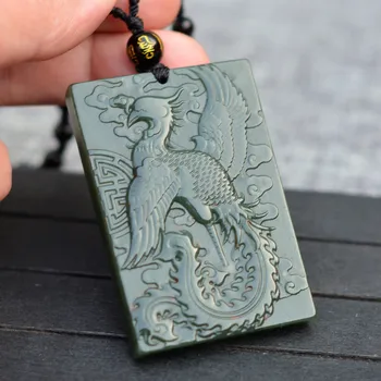 

NATURAL GREEN HETIAN NEPHRITE JADES PENDANT CARVED PHOENIX DRAGON PENDANTS NECKLACE GIFT FOR MEN'S JADES STONE JEWELRY