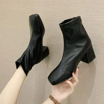 

Brand Women's Shoes White Mid-Calf Boots Round Toe Booties Woman 2020 Low Heel Boots-women Fashion Short Med Rock Autumn