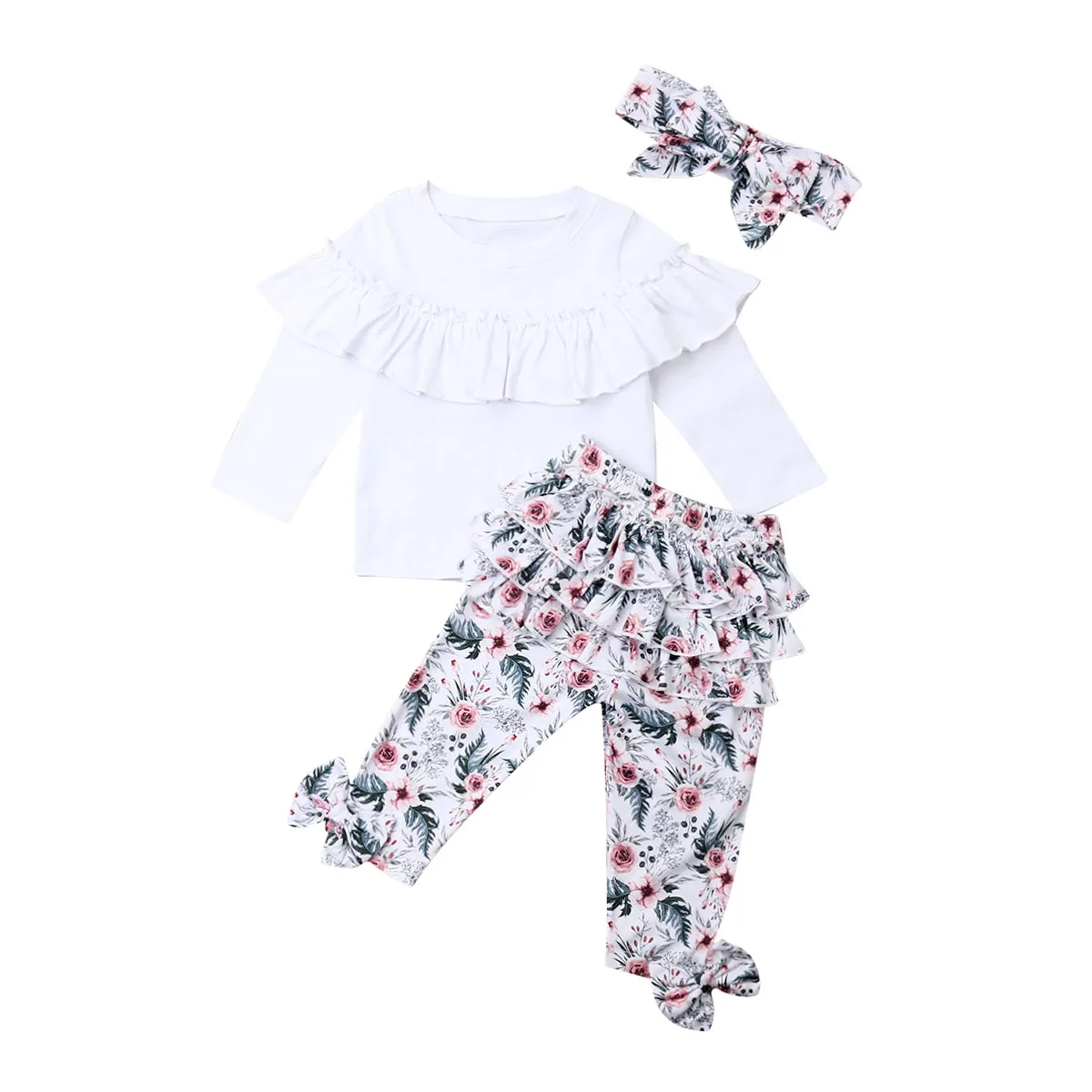 

New 3Pcs Toddler Baby Girls Winter Clothes Ruffle Tops Floral Pants Outfits Set