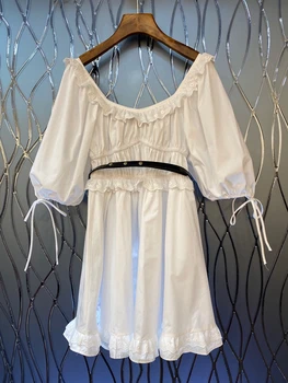

2020 Early Autumn New Bertha Cuffs with Drawstring Lace-up Puff Sleeve Decorative Waist Hugging Dress 903