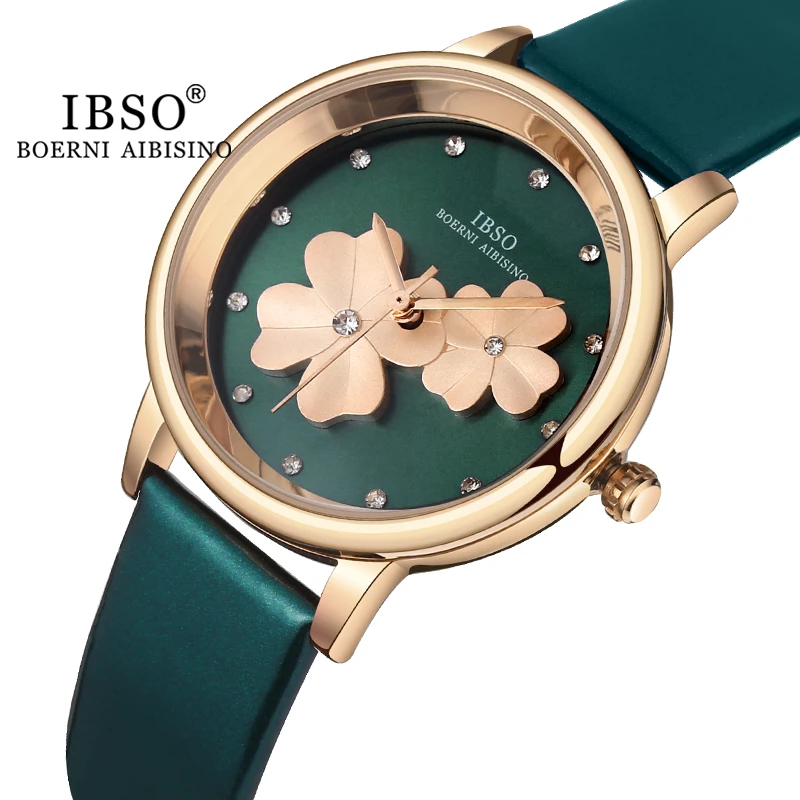 

IBSO Rhinestone Dial Women's Watches Stainless Steel/Leather Strap Clover 3D Luxury Green Flower Geneva WristWatch Ladies Gifts