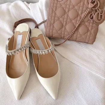 

Crystal Flats Woman Mules New Spring Slingback Mary Janes Shoes Luxury Brand Summer Sandals Rhinestone Flat Shoes Women Slippers