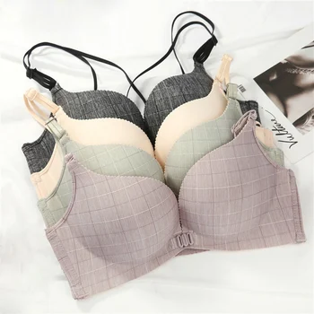 

Fashion Seamless Front Closure Bra Push Up Buckle Breast Gathered Plaid Print 3/4 Cup Front Buckle Adjustable Shoulder Strap Bra