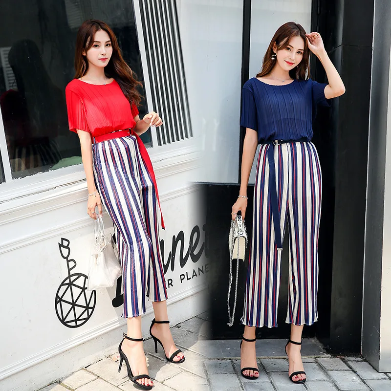 

2018 Summer Wear New Style Korean-style Fashion Chiffon Short-sleeved Top Loose Pants Set Fashion