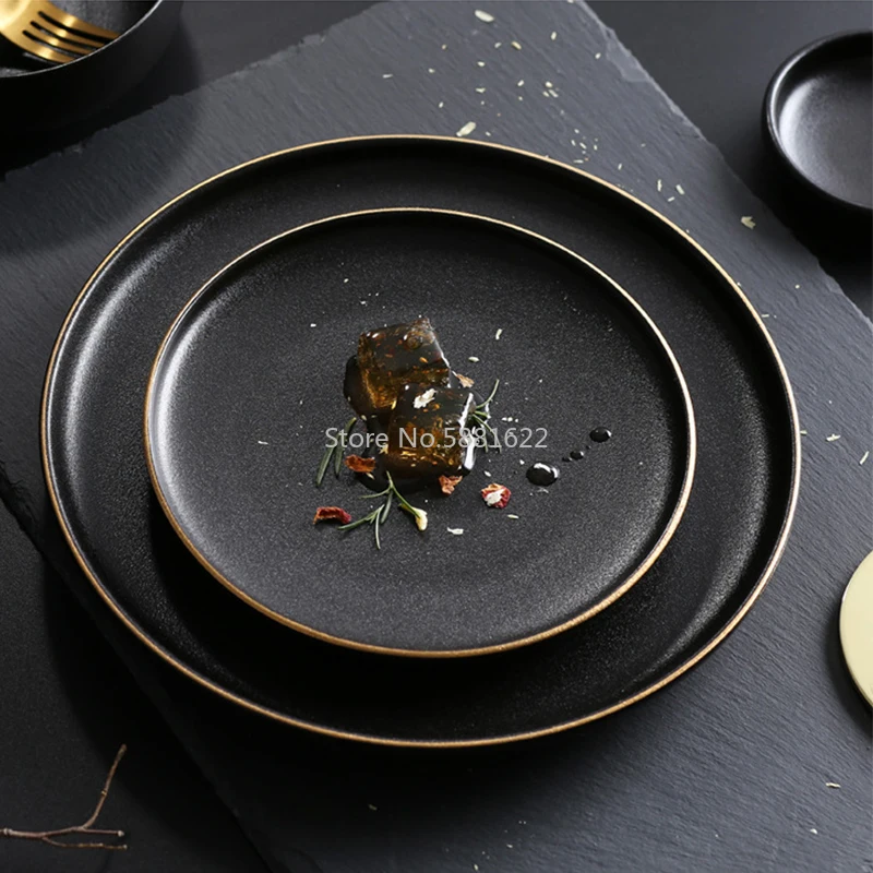 Tableware Ceramic Dinner Plate Set Dish 8/10 Inch Porcelain Cute Dessert Plate Dinnerware Black Frosted Steak