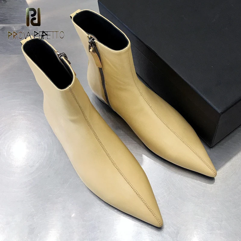 

Autumn and Winter New Pointed Toe Stitch Stitching Short Boots Leather Flat Boots Side Zipper Nude Boots Fashion Chelsea Boots