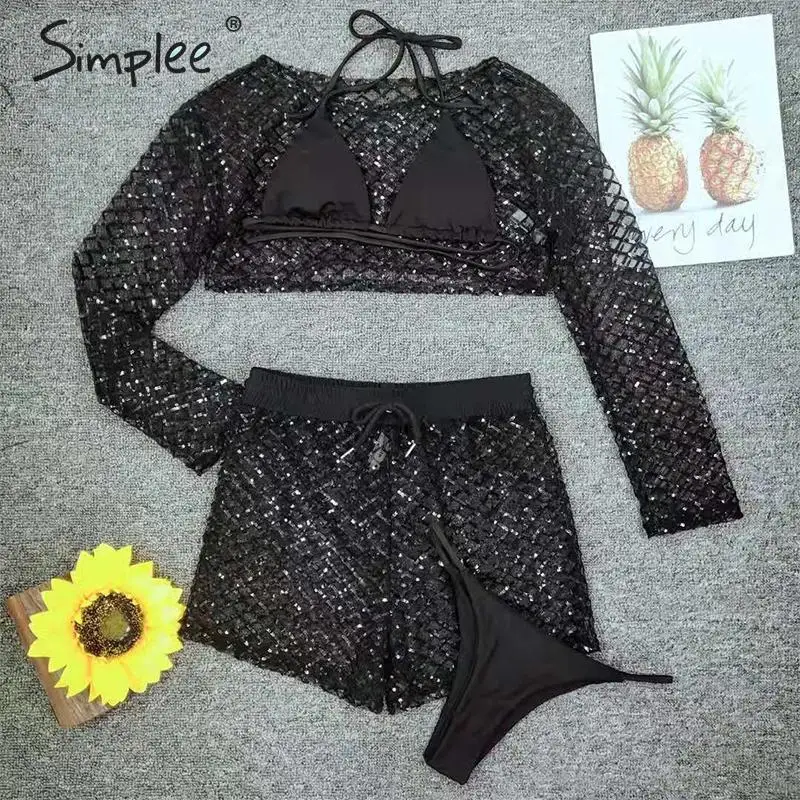 Simplee, винтажный комплект бикини с блестками, прозрачный, четыре штуки, клетчатый ремешок, женский купальник, пуш-ап, летняя пляжная одежда, купальный костюм