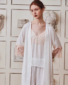 

Pajamas Women Summer Autumn Pyjamas 3pcs Set Women Pyjama Luxurious Sleepwear White