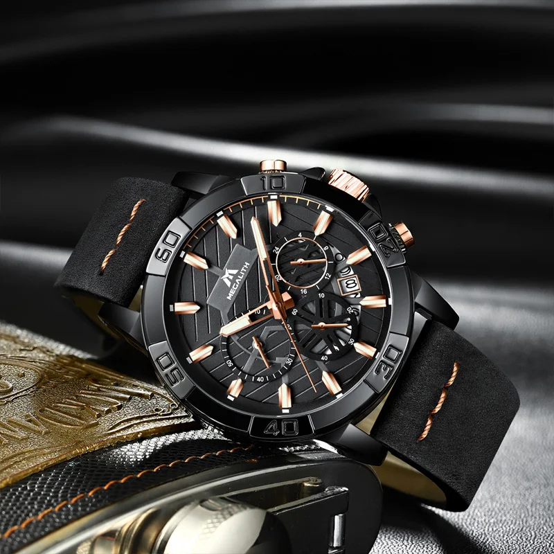 Najtaniej 2019 góry zegarek marki mężczyźni MEGALITH luksusowe Sport Chronograph wodoodporny zegarek mężczyźni czarny skórzany pasek zegar dla mężczyzn Relojes Hombre