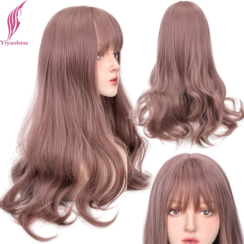 Yiyaobess Synthetic Blue Highlights Brown Wig Long Wavy Hair Auburn Mix Pink African American Cosplay Wigs For Women Perruque | Шиньоны и