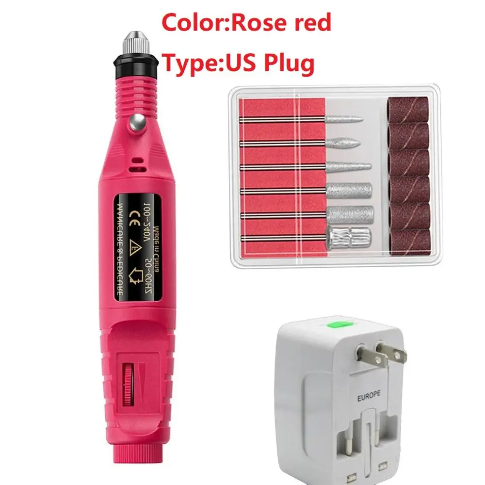 Rose red USPlug Профессиональный Электрический Маникюрный аппарат, пилочка для ногтей, оборудование для дизайна, ручка для полировки ногтей, набор для полировки, вилка европейского стандарта/вилка стандарта США - Цвет: Rose red USPlug