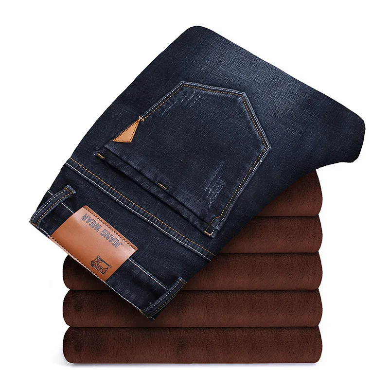 Мужские Зимние флисовые джинсы фланелевая подкладка стрейч джинсовое изделие свободного кроя ботфорты брюки 36 38 40 42 44 черный синий