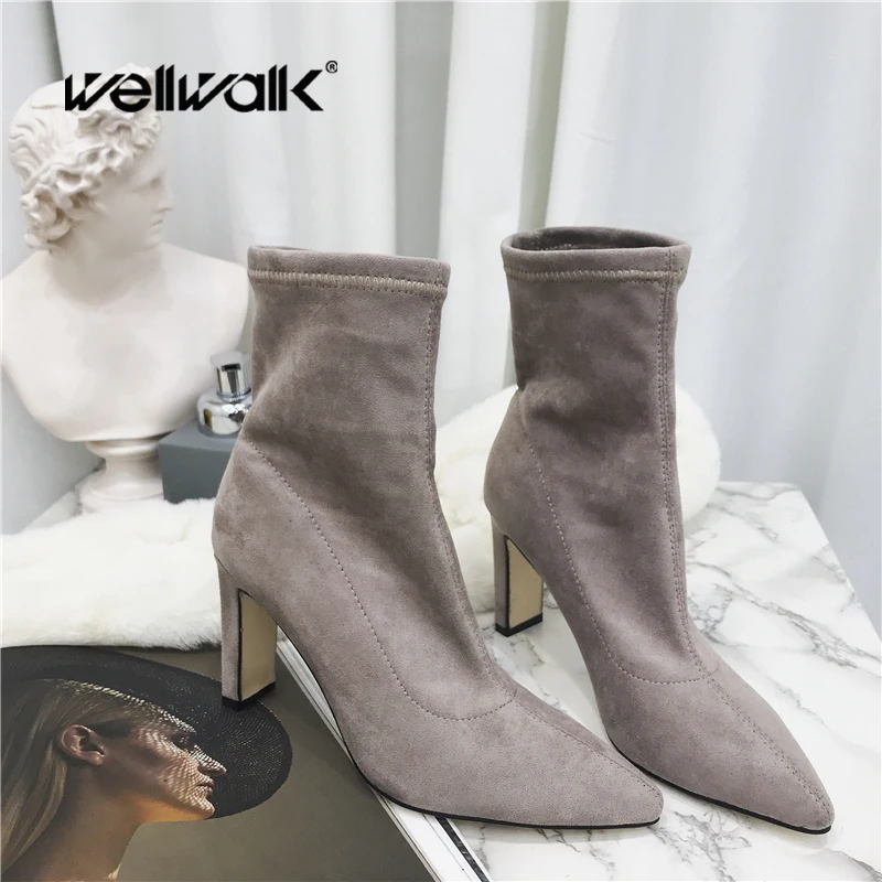 

Wellwalk Flannel Ankle Boots Mid Heels Women Slip On Mid Booties Pointed Toe Ladies Fashion Autumn Shoes Female Faux Suede Boots