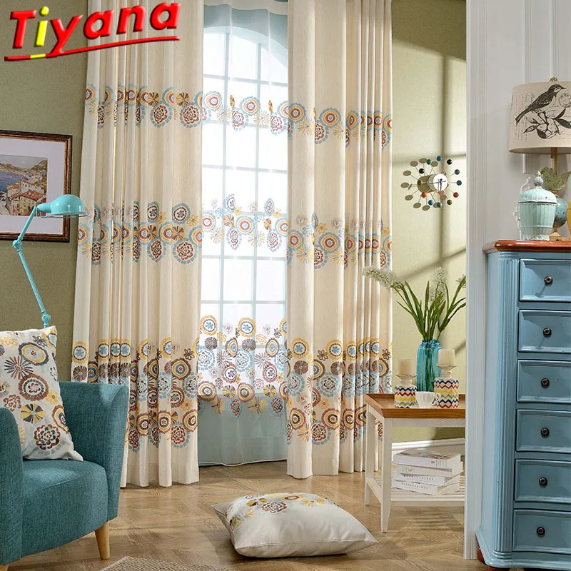 

Sun Embroidery Flower Curtains Living Room Geometric Pattern Beige Curtain Fabric European Disc Embroidery Tulle Voile WP413#40