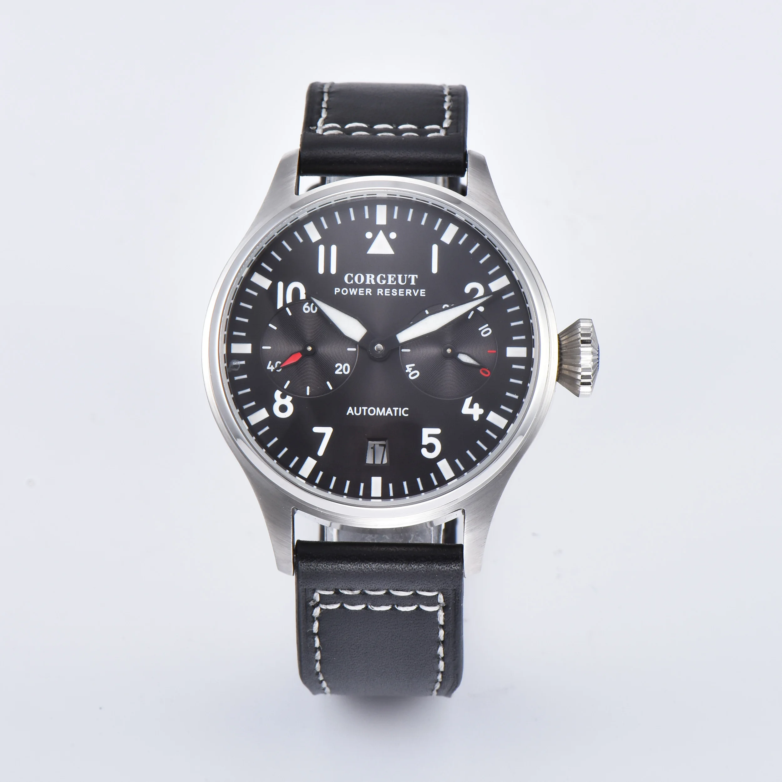

Corgeut 42mm Date black dial Power Reserve Window Leather Automaitc Men's Watch