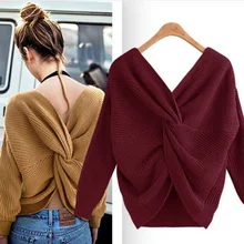 Модные 6 видов цветов V образным вырезом свитер с крученой спинкой Для женщин Джемперы Осенние Пуловеры Повседневное Топы с длинным рукавом трикотажные свитера Pull Femme