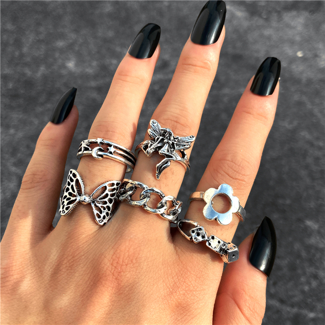 Punk Cool Hiphop Chain Rings Multi-layer Adjustable Open Finger Rings Set Alloy Man Rings for Women Party Gift Jewelry