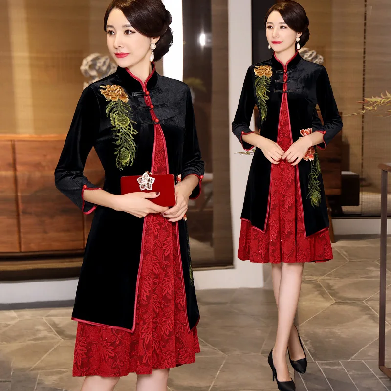 

Elegant in Wedding Two-Piece Set Western Style Set Dress Velvet Forty-Year-Old Mom Formal Dress Cheongsam Dress